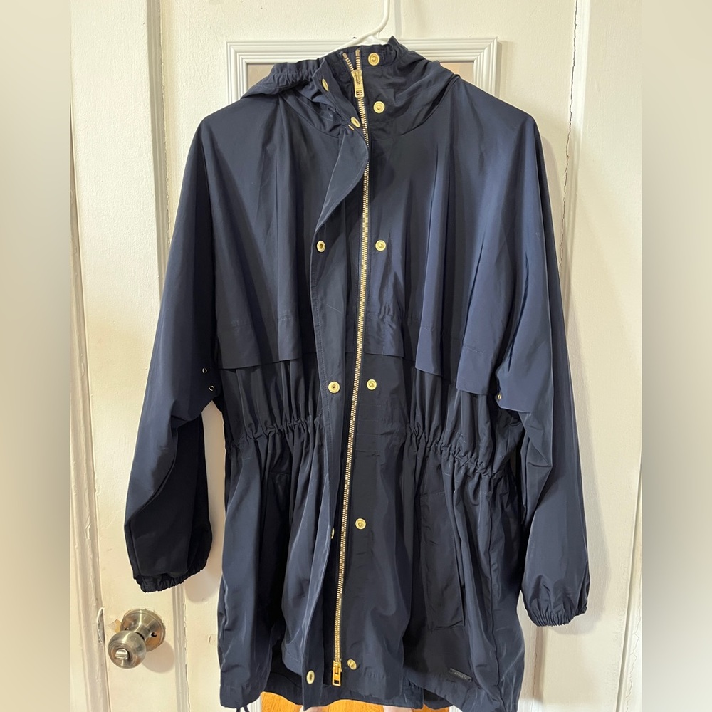 Athleta women’s blue rain jacket w/ gold accents - mid length (S/M)